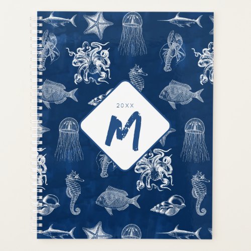 Navy Blue Watercolor Ocean Marine Animals Monogram Planner