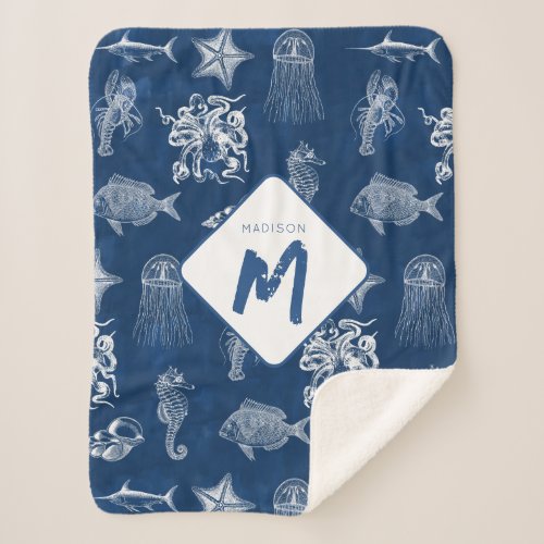 Navy Blue Watercolor Ocean Marine Animals Monogram Sherpa Blanket