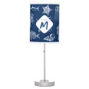 Navy Blue Watercolor Ocean Marine Animals Monogram Table Lamp