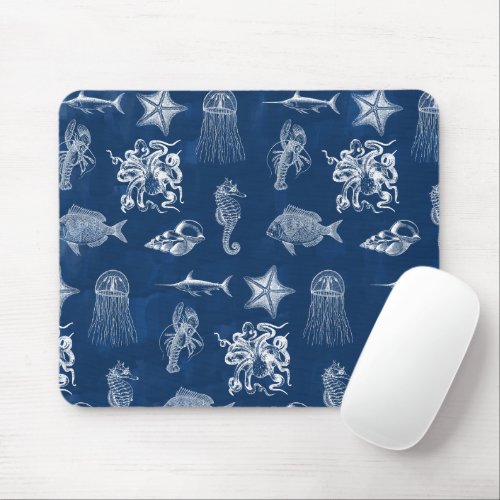 Navy Blue Watercolor Ocean Marine Animals  Mouse Pad