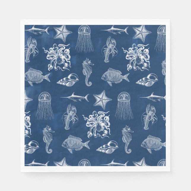 Navy Blue Watercolor Ocean Marine Animals Napkins (Front)