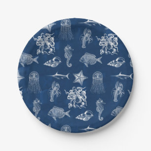 Navy Blue Watercolor Ocean Marine Animals Paper Plates