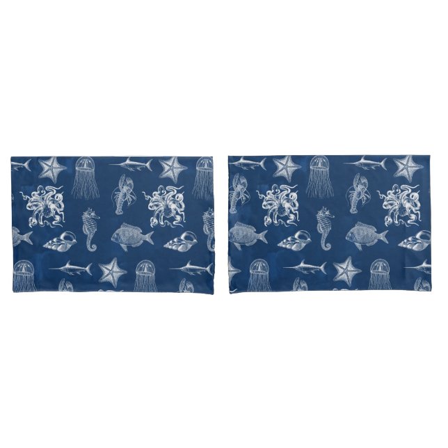 Navy Blue Watercolor Ocean Marine Animals Pillow Case (Front-Set)