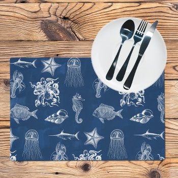 Navy Blue Watercolor Ocean Marine Animals  Placemat by idovedesign at Zazzle