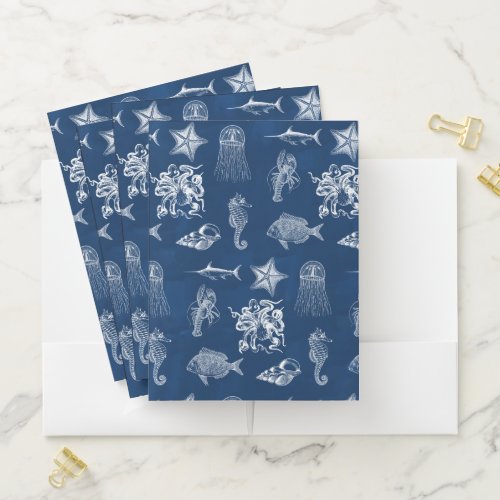 Navy Blue Watercolor Ocean Marine Animals  Pocket Folder