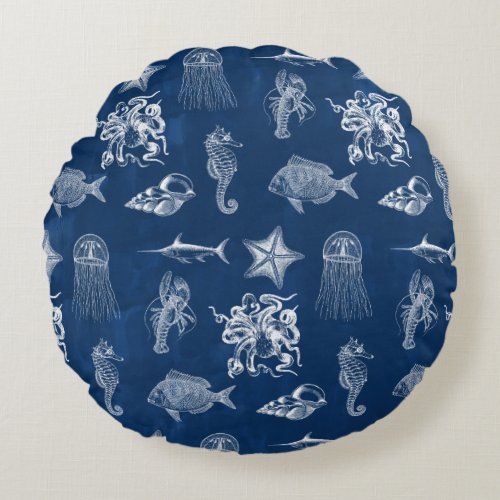 Navy Blue Watercolor Ocean Marine Animals Round Pillow