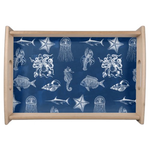 Navy Blue Watercolor Ocean Marine Animals  Serving Tray