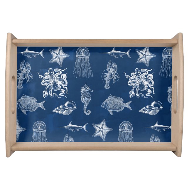 Navy Blue Watercolor Ocean Marine Animals  Serving Tray (Front)