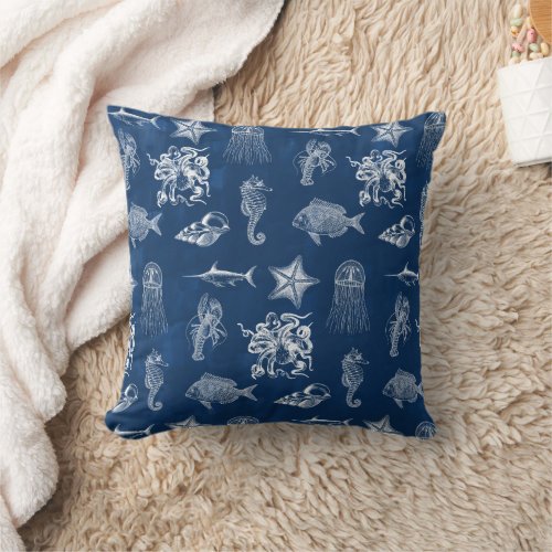 Navy Blue Watercolor Ocean Marine Animals  Throw Pillow