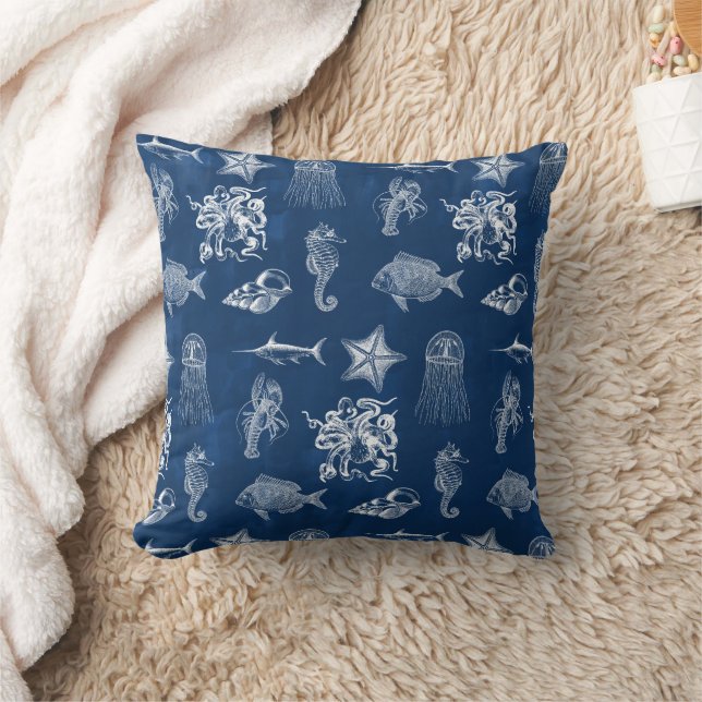 Navy Blue Watercolor Ocean Marine Animals  Throw Pillow (Blanket)