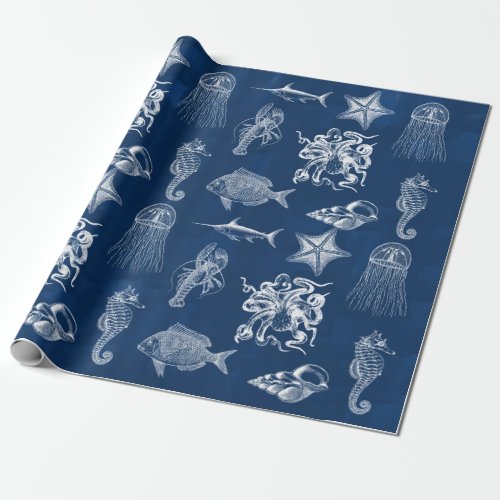 Navy Blue Watercolor Ocean Marine Animals  Wrapping Paper