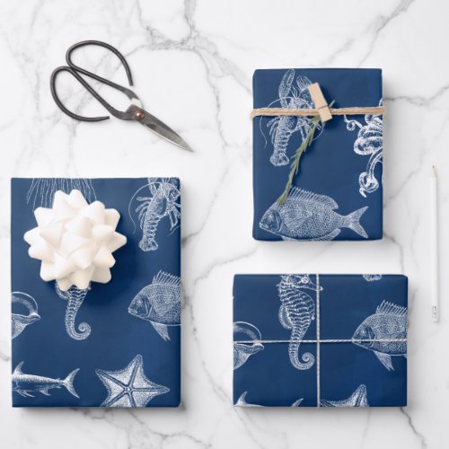 Navy Blue Watercolor Ocean Marine Animals Wrapping Paper Sheets