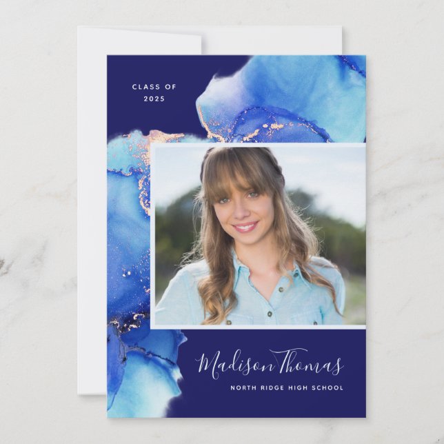 Navy Blue Watercolor Photo Graduation Party Invitation (Front)