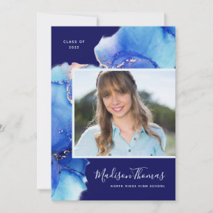 Navy Blue Watercolor Photo Graduation Party Invitation