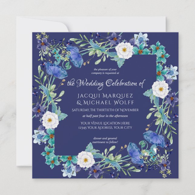 Navy Blue Watercolor Poppy Flower Floral Wedding Invitation (Front)