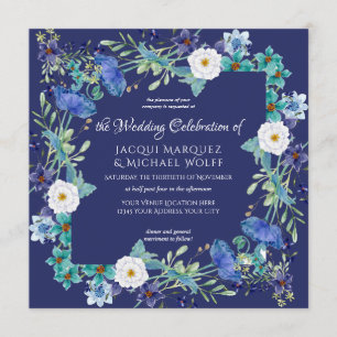 Navy Blue Watercolor Poppy Flower Floral Wedding Invitation