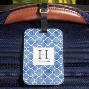 Navy Blue Watercolor Quatrefoil Pattern Monogram Luggage Tag