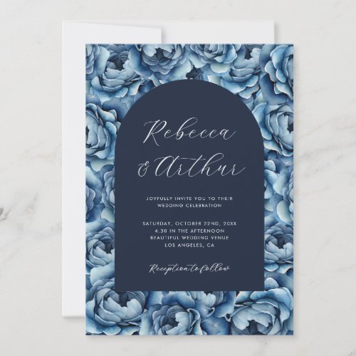 Navy Blue Watercolor Rose Floral Photo Wedding Invitation