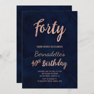 Navy blue watercolor rose gold 40th Birthday Invitation