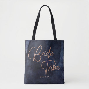 Navy Blue Watercolor Rose Gold Bride Tribe Tote Bag