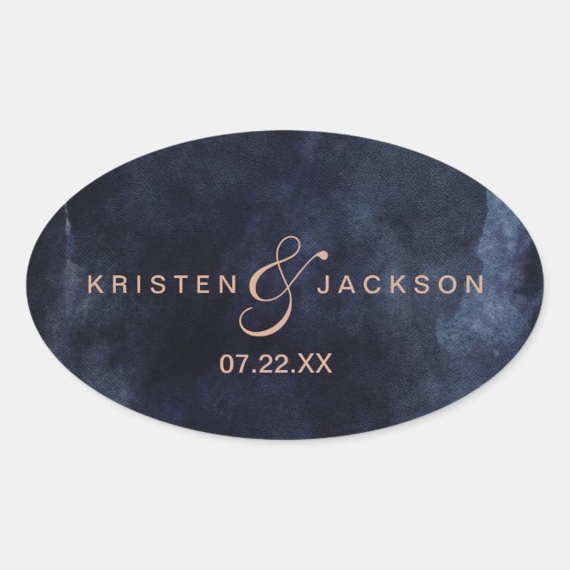 Navy Blue Watercolor & Rose Gold Monogram Wedding Oval Sticker (Front)