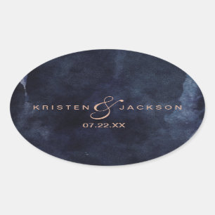 Navy Blue Watercolor & Rose Gold Monogram Wedding Oval Sticker