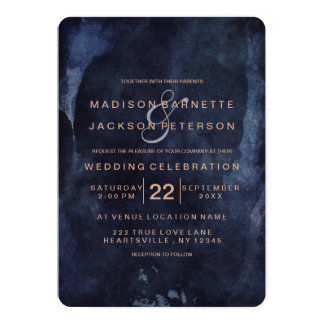 Navy Blue Watercolor Rose Gold Wedding Invitations
