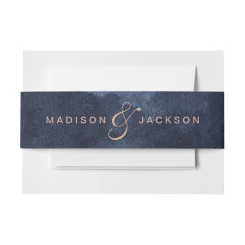 Navy Blue Watercolor  Rose Gold Wedding Monogram Invitation Belly Band