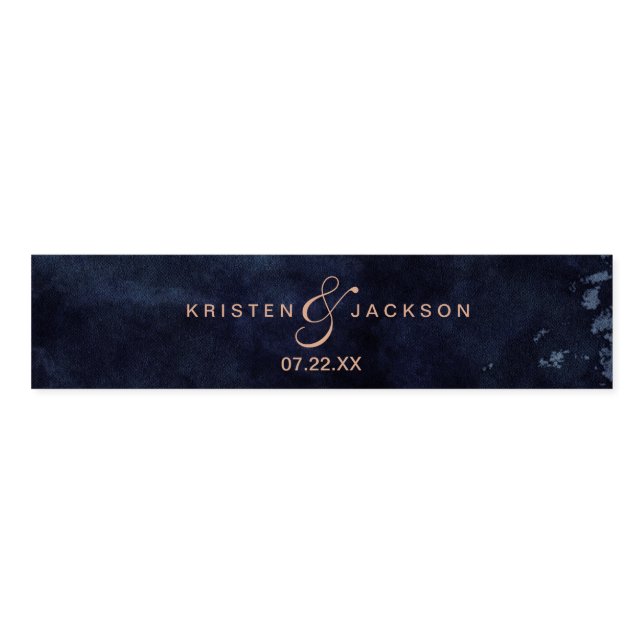 Navy Blue Watercolor & Rose Gold Wedding Monogram Napkin Bands (Unfolded)
