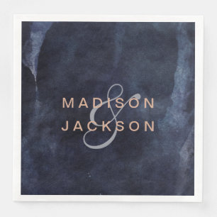 Navy Blue Watercolor & Rose Gold Wedding Monogram Paper Dinner Napkins