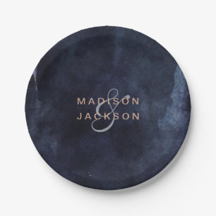 Navy Blue Watercolor & Rose Gold Wedding Monogram Paper Plates