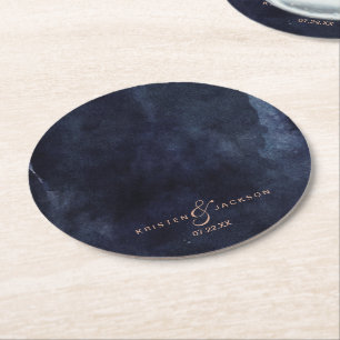 Navy Blue Watercolor & Rose Gold Wedding Monogram Round Paper Coaster