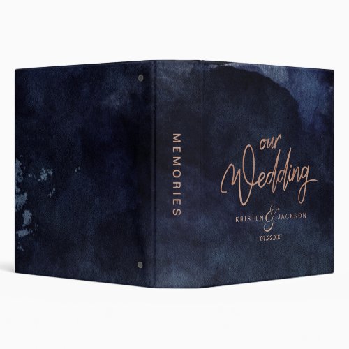 Navy Blue Watercolor Rose Gold Wedding Photo Album 3 Ring Binder