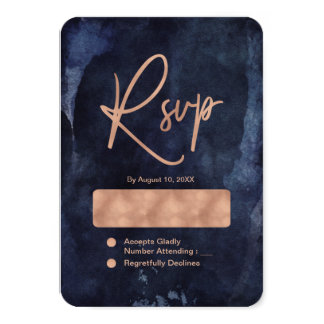 Navy Blue Watercolor & Rose Gold Wedding RSVP Card
