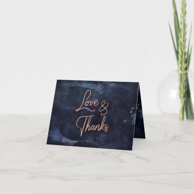 Navy Blue Watercolor & Rose Gold Wedding Thank You Card (Front)