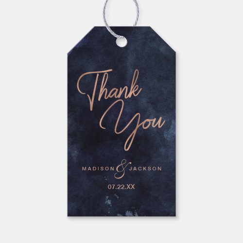 Navy Blue Watercolor  Rose Gold Wedding Thank You Gift Tags