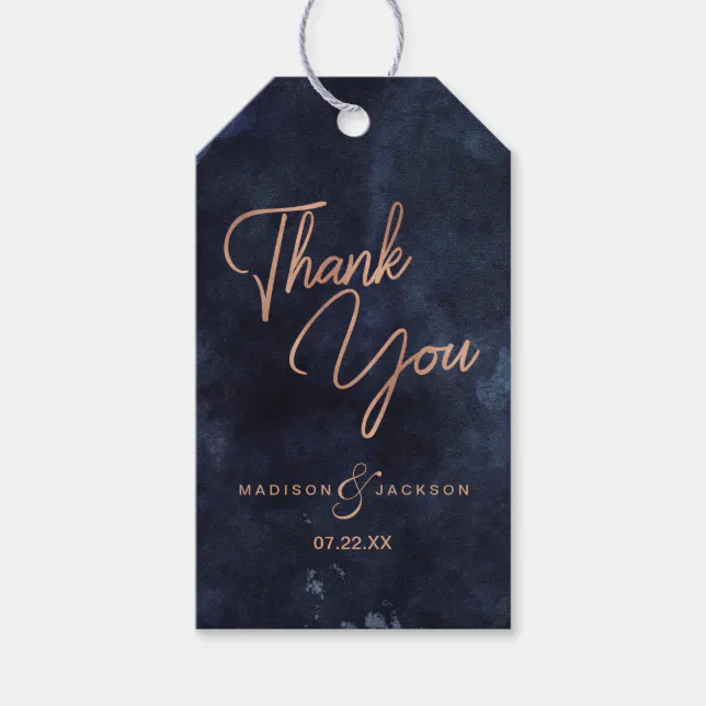 Navy Blue Watercolor & Rose Gold Wedding Thank You Gift Tags | Zazzle
