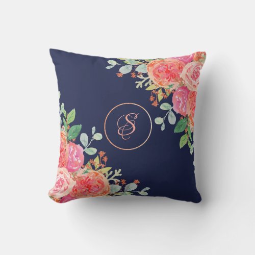 Navy Blue Watercolor Roses Floral Glitter Monogram Throw Pillow