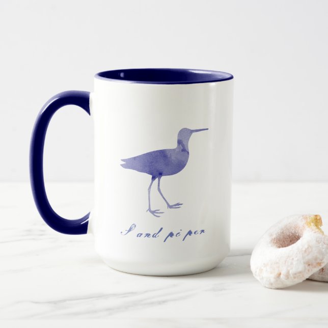 Navy Blue Watercolor Sandpiper Silhouette Mug (With Donut)