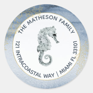 Navy Blue Watercolor Seahorse Coastal Address Classic Round Sticker