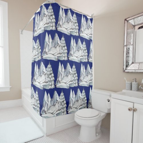 Navy Blue Watercolor Seal Pine Trees Snowflakes Shower Curtain