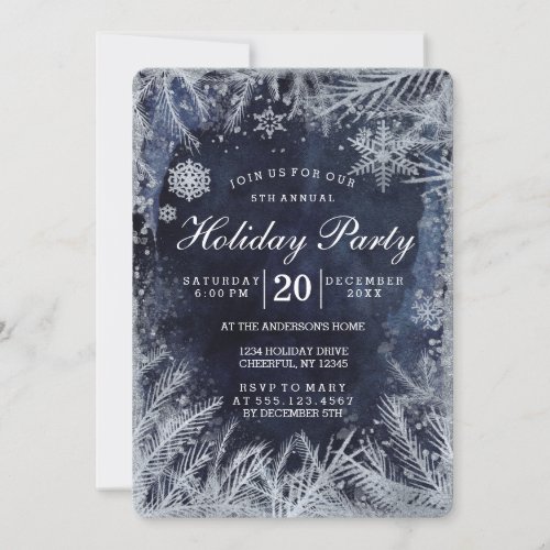 Navy Blue Watercolor  Silver Christmas Party Invitation