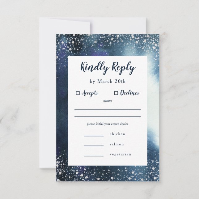Navy Blue Watercolor Silver RSVP with meal choice Card (Front)