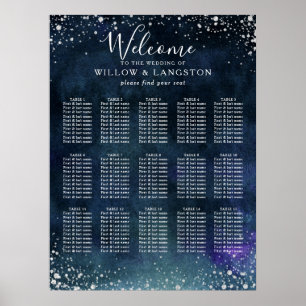 Navy Blue Watercolor Silver Wedding Seating Chart