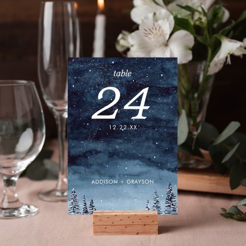 Navy Blue Watercolor Snow Wintery Table Number