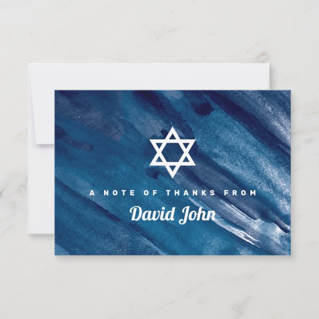 Navy Blue Watercolor Star of David Bar Mitzvah Thank You Card (Front)