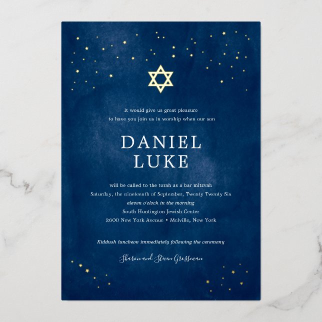 Navy Blue Watercolor Starry Night Bar Mitzvah Foil Invitation (Front)