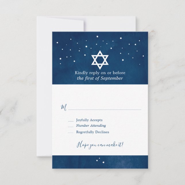 Navy Blue Watercolor Starry Night Bar Mitzvah RSVP (Front)