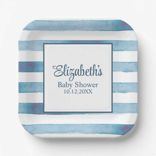 Navy Blue Watercolor Stripes Baby Shower  Paper Plates (Front)