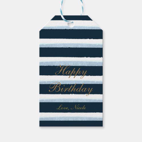 Navy Blue Watercolor Stripes Elegant Chic Gift Tag